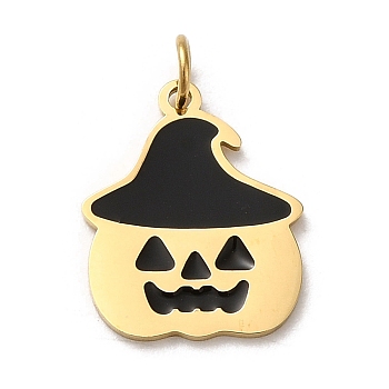 Halloween 304 Stainless Steel Charms, with Enamel and Jump Ring, Pumpkin Charm, Real 14K Gold Plated, 14.4x12x0.8mm, Hole: 2.6mm