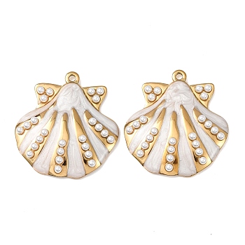 304 Stainless Steel Pendants, Shell Shape Charms, with Enamel & ABS Imitation Pearl, Real 18K Gold Plated, Ion Plating(IP), White, 36x33x6mm, Hole: 2mm