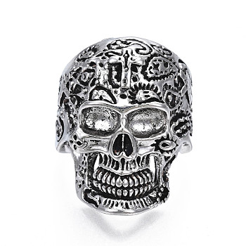 Gothic Punk Skull Alloy Open Cuff Ring for Men Women, Cadmium Free & Lead Free, Antique Silver, US Size 9 1/4(19.1mm)