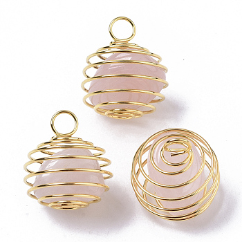 Iron Wrap-around Spiral Bead Cage Pendants, with Natural Rose Quartz Beads inside, Round, Golden, 21x24~26mm, Hole: 5mm