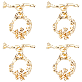 4Pcs Brass Toggle Clasps, Long-Lasting Plated, Flower, Real 18K Gold Plated, Flower: 18.5x15x3mm, Hole: 1.5x2.5mm, Bar: 22x6x5mm, Hole: 1.8x2.5mm
