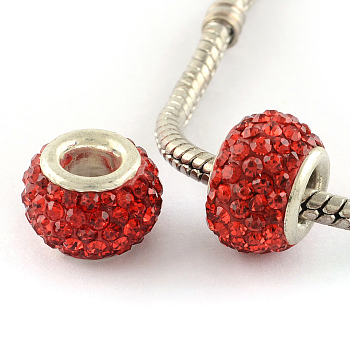 Handmade Polymer Clay Rhinestone European Beads, Large Hole Rondelle Beads, with Silver Color Plated Iron Cores, Siam, 12.5~13x8.5~9mm, Hole: 5mm