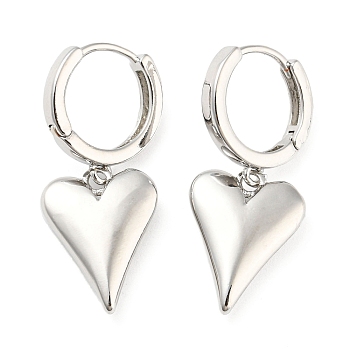 Rack Plating Brass Heart Dangle Hoop Earrings, Lead Free & Cadmium Free, Platinum, 32x13.5mm