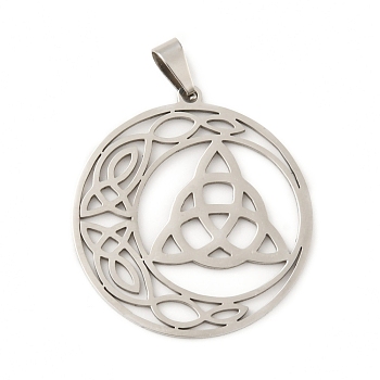 201 Stainless Steel Pendants, Hollow, Flat Round with Trinity Knot, Stainless Steel Color, 32.5x30x1mm, Hole: 5x2mm