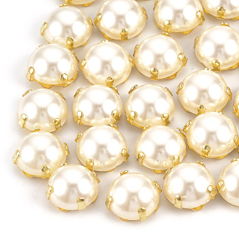 ABS Plastic Imitation Pearl Shank Buttons, with Brass Findings, Half Round, Creamy White, Golden, 7x7x4.5mm, Hole: 1mm