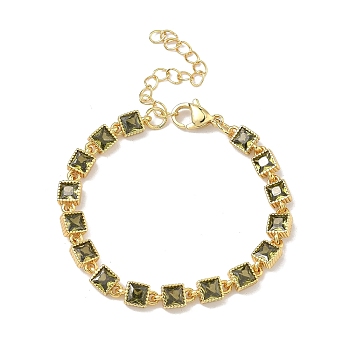 Square Brass Pave Cubic Zirconia Link Chain Bracelets for Women, Rack Plating, Cadmium Free & Lead Free, Long-Lasting Plated, Golden, Dark Olive Green, 5.51 inch(14cm)