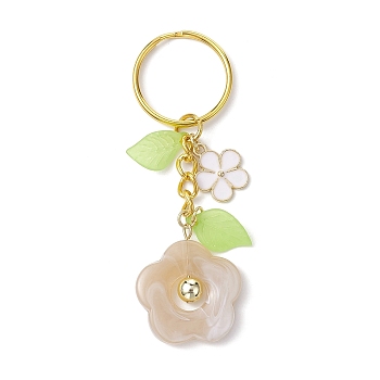 Flower Acrylic Imitation Gemstone Pendant Keychain, with Alloy Enamel Charm and Iron Split Key Rings, Beige, 8cm