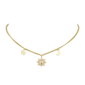 Sun & Star & Moon Brass Pendant Necklaces, with 304 Stainless Steel Curb Chains, Golden, 16.06 inch(40.8cm)