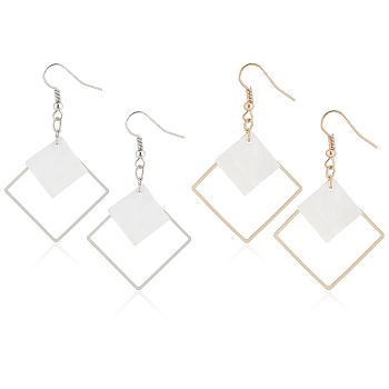 2 Pairs 2 Colors White Acrylic Rhombus Dangle Earrings, Alloy Long Drop Earrings for Women, Platinum & Light Gold, 56mm, Pin: 0.6mm, 1 Pair/color