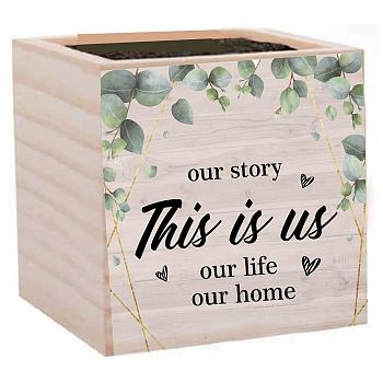 Willow Wood Planters, Flower Pots, for Garden Supplies, Square with Word This Is Us, Leaf, 75x75x75mm