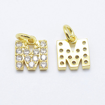 Brass Micro Pave Grade AAA Cubic Zirconia Charms, Letter M, Cadmium Free & Nickel Free & Lead Free, Real 18K Gold Plated, 8x7x1.5mm, Hole: 2mm