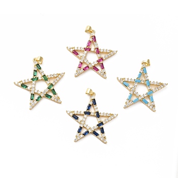 Rack Plating Brass Micro Pave Cubic Zirconia Pendants, Real 18K Gold Plated, Long-Lasting Plated, Lead Free & Cadmium Free, Star, Mixed Color, 34x34x3mm, Hole: 4x4mm