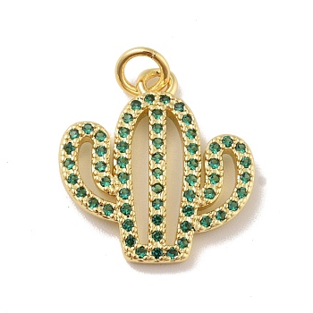 Brass Micro Pave Cubic Zirconia Pendants, with Jump Ring, Cadmium Free & Lead Free, Long-Lasting Plated, Cactus, Green, Real 18K Gold Plated, 18.5x17x2mm, Jump Ring: 5x1mm, 3mm Inner Diameter