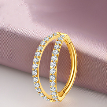 316 Surgical Stainless Steel Micro Pave Clear Cubic Zirconia 2 Line Hoop Cartilage Earrings, Golden, 10mm, Pin: 1.2mm
