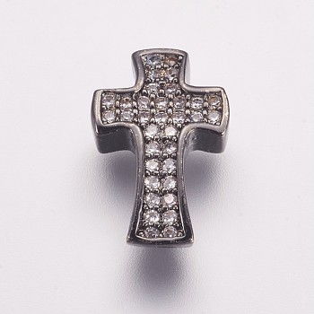 Brass Micro Pave Cubic Zirconia Beads, Cross, Gunmetal, 14x9x4mm, Hole: 1.5mm