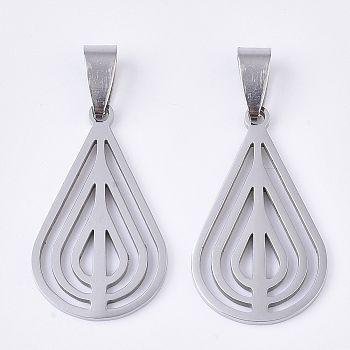 201 Stainless Steel Pendants, Filigree Pendants, with Random Size Snap on Bails, Teardrop, Stainless Steel Color, 30x18x1.5mm, Hole: hole: 8~10x3~5mm