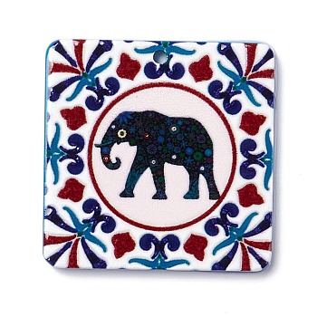 Embossed Retro Acrylic Pendants, for Earring Making, Square with Elephant Pattern, Colorful, 30x30x2.5mm, Hole: 1.6mm