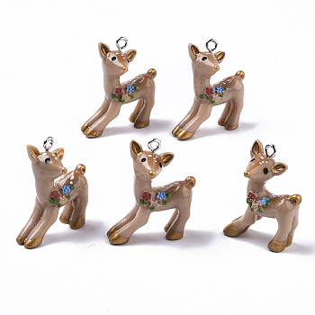 Resin Pendants, with Platinum Tone Iron Loops, Sika Deer, Camel, 30.5~31.5x25x13.5mm, Hole: 2mm