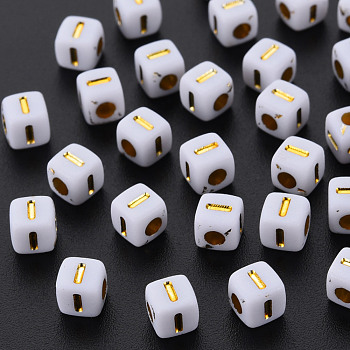 Opaque White Acrylic Beads, Metal Enlaced, Cube with Letters, Letter.I, 4.5mm, Hole: 2mm, about 5000pcs/500g