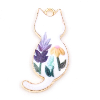 Alloy Enamel Pendants, Golden, Cat with Flower, Lilac, 30x16x2.5mm, Hole: 2mm
