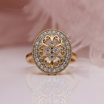 Oval Brass Micro Pave Clear Cubic Zirconia Finger Rings for Women, Golden, US Size 6(16.5mm)