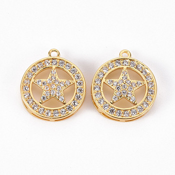 Brass Micro Pave Clear Cubic Zirconia Pendants, Flat Round with Star, Real 18K Gold Plated, 17.5x15x4mm, Hole: 1.2mm