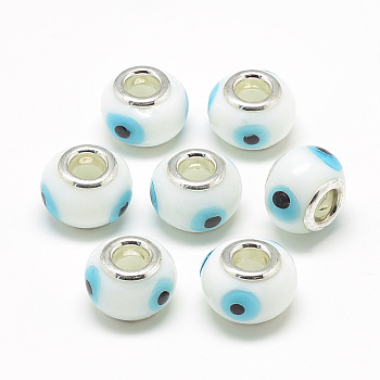 Handmade Evil Eye Lampwork European Beads, with Brass Double Cores, Large Hole Beads, Rondelle, Platinum, White, 14~15x10~11mm, Hole: 5mm