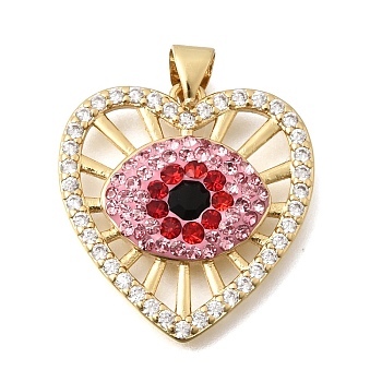 Brass Micro Pave Cubic Zirconia Pendants, Evil Eye with Heart Charms, with Rhinestone and Polymer, Cadmium Free & Lead Free, Real 18K Gold Plated, Rack Plating, Long-Lasting Plated, Pink, 23.5x22.5x4mm, Hole: 3.5x4mm