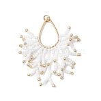 Glass Seed Beaded Imitation Coral Pendants, with 201 Stainless Steel Linking Rings & 304 Stainless Steel Open Jump Rings, White, 46~49x36~39x2mm, Hole: 3mm(PALLOY-MZ00938-01)