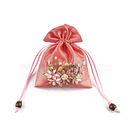 Flower Pattern Satin Jewelry Packing Pouches, Drawstring Gift Bags, Rectangle, Tomato, 14x10.5cm(PW-WG90050-09)