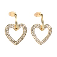 Brass Micro Pave Clear Cubic Zirconia Dangle Stud Earrings, with Ear Nuts, Heart, Real 18K Gold Plated, 28mm, Pin: 0.7mm(EJEW-F256-01G)