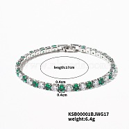 Brass Rhinestone Cup Chains Bracelet for Elegant Women with Subtle Luxury Feel, Emerald, Platinum, 6-3/4 inch(17cm)(SE6435-3)