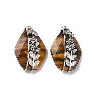 Natural Tiger Eye Pendants, Faceted Rhombus Charm, with 304 Stainless Steel Leaf Findings, 34~35x22.5x10~11mm(G-H279-06B-P)