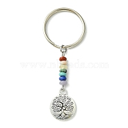 Alloy Tree of Life Pendant Keychain, with Chakra Gemstone Bead and Iron Split Key Rings, Flat Round, 6.6cm, Pendant: 19x15x1.5mm(KEYC-JKC00591-02)