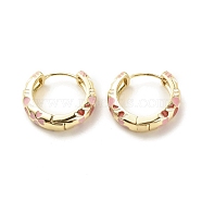 Flower Enamel Hoop Earrings, Gold Plated Brass Hinged Earrings for Women, Pink, 20x22x5mm, Pin: 0.9mm(EJEW-G290-03G-C)