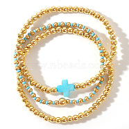 3Pcs Golden Luxury Brass Beaded Gothic Cross Ladies Elastic Bracelet Sets, Deep Sky Blue, 6-1/2 inch(16.5cm)(MP9967-2)