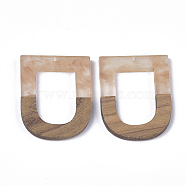 Resin & Walnut Wood Pendants, U Shape, Linen, 47x35x3.5mm, Hole: 2mm(RESI-S358-49)
