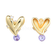 Cubic Zirconia Heart Stud Earrings, Golden Brass Jewelry for Women, Nickel Free, Lilac, 26x20mm, Pin: 0.7mm(EJEW-N011-71)