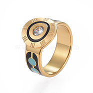 Unisex 304 Stainless Steel Finger Rings, Wide Band Rings, with Crystal Rhinestone, Enamel, Flat Round, Golden, Size 6~9, 16~19mm(RJEW-I063-09G)