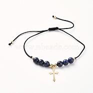 Adjustable Braided Bead Bracelets, with Natural Lapis Lazuli(Dyed) Beads, Nylon Thread, Golden Plated 304 Stainless Steel Pendants and Brass Beads, Cross, 5/8 inch~3 inch(1.5~7.5cm)(BJEW-JB04899-04)