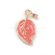 Alloy Enamel Pendants, Leaf, Golden, Pink, 19.5x9.5x2.2mm, Hole: 1.5mm(ENAM-WH0047-13A)