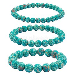 3Pcs 3 Size Synthetic Imperial Jasper Round Beaded Stretch Bracelets Set, Gemstone Jewelry for Women, Sea Green, Inner Diameter: 2-1/8 inch(5.5cm), Beads: 6~10mm, 1Pc/size(BJEW-SW00064-34)