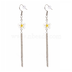 Millefiori Glass Flower Dangle Earrings, Chain Tassel Earrings, with 304 Stainless Steel Earring Hooks and Ear Nuts, White, 90mm, Pin: 0.7mm(EJEW-JE04468-03)