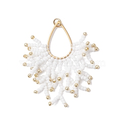 Glass Seed Beaded Imitation Coral Pendants, with 201 Stainless Steel Linking Rings & 304 Stainless Steel Open Jump Rings, White, 46~49x36~39x2mm, Hole: 3mm(PALLOY-MZ00938-01)