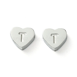 Tarnish Resistant 316L Surgical Stainless Steel Beads, Love Heart with Letter Bead, Stainless Steel Color, Letter T, 5.5x6.5x2.5mm, Hole: 1.4mm(STAS-R230-01T-P-1)