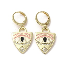 Horse Eye Real 18K Gold Plated Brass Dangle Leverback Earrings, with Enamel and Cubic Zirconia, Pink, 33x15mm(EJEW-Q797-24G-01)