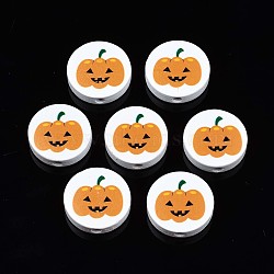 Halloween Printed Natural Wood Beads, Flat Round with Pumpkin Pattern, Dark Orange, 19~20x5.9mm, Hole: 2~2.2mm(WOOD-T021-92)