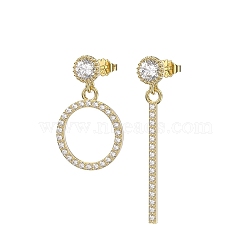 925 Sterling Silver Micro Pave Cubic Zirconia Ear Studs, Asymmetrical Earrings for Women, Rectangle & Ring, with S925 Stamp, Real 14K Gold Plated, 20~29mm(EJEW-P231-04G)
