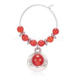 Natural Carnelian Wine Glass Charms, with Alloy Lotus Pendants and Brass Hoops, 46x27mm(AJEW-JO00154-03)