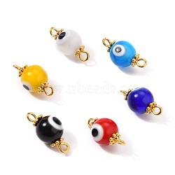 Golden Plated Handmade Lampwork link Connectors, with Alloy Spacer Beads and Iron Eye Pin, Round with Evil Eye, Red, 16x8mm, Hole: 1.8mm(PALLOY-JF00543)